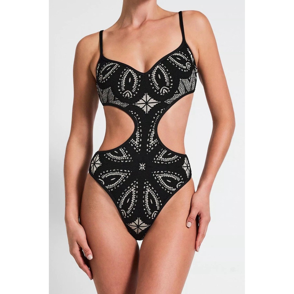 Devon Windsor Julian Black Jacquard One Piece Swimsuit Size Medium Cut Out